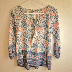 Hollister Blue Pink Floral Boho Tasseled Tie Knit Tunic Blouse XS 3/4 Sleeve Y2K